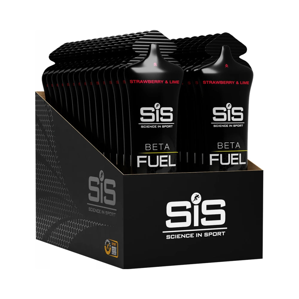SIS Beta Fuel Gel pack in Strawberry & Lime flavor, 30x60ml pouches displayed in a box.