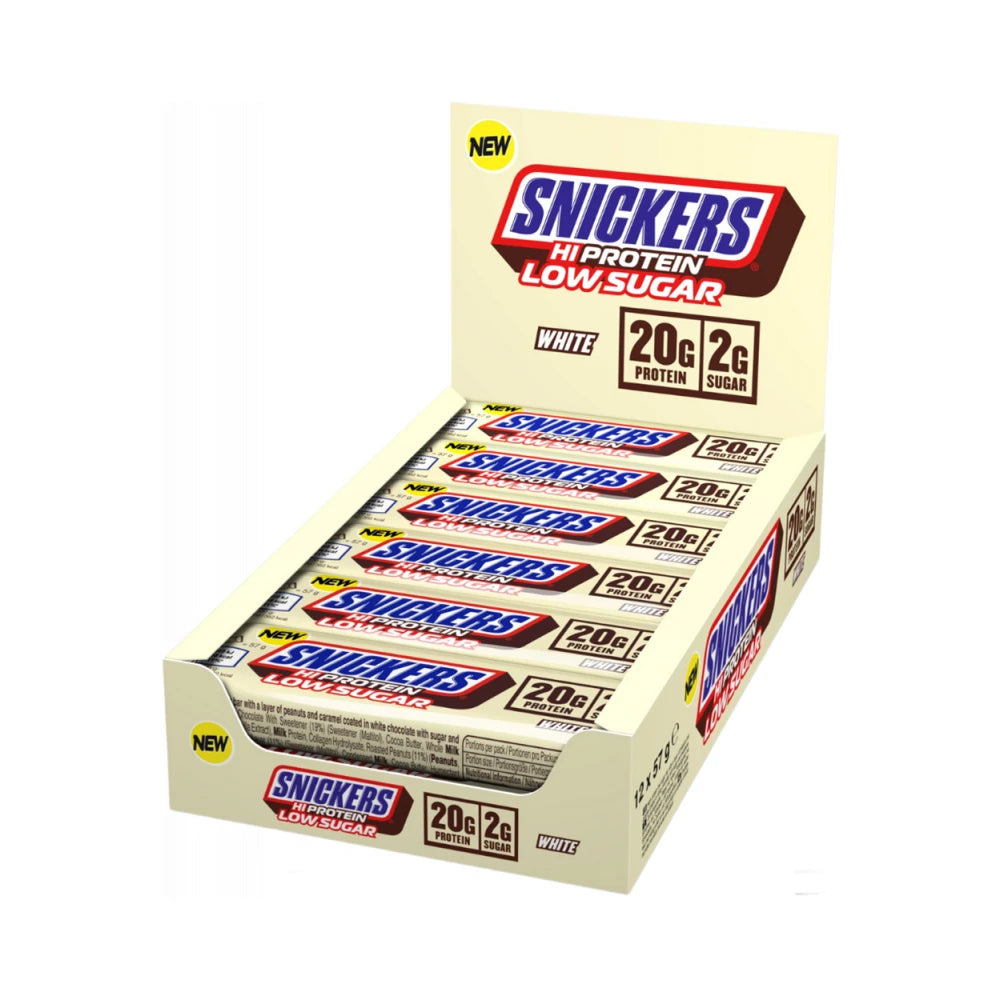 Box of Snickers Hi Protein low sugar snack bars with 20g protein and 2g sugar per serving.