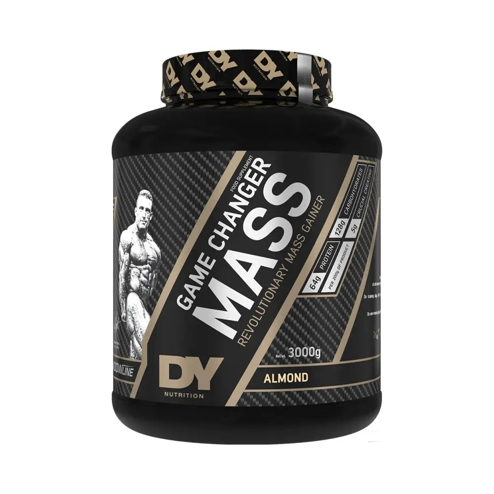 Dorian Yates Game Changer Mass 3000g protein supplement in almond flavor with black packaging.