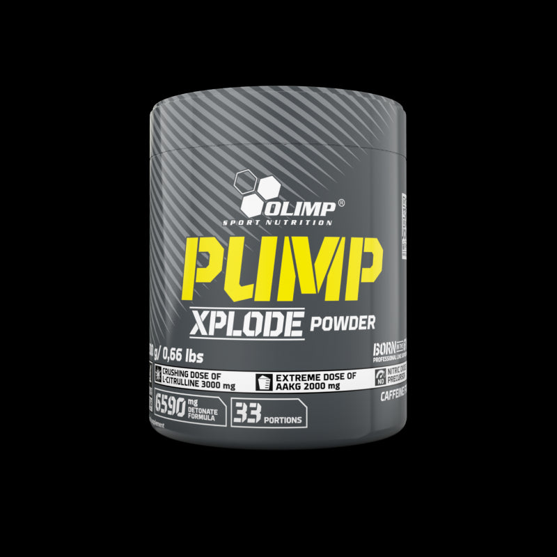 Olimp PUMP Xplode pre-workout supplement powder container on a black background.