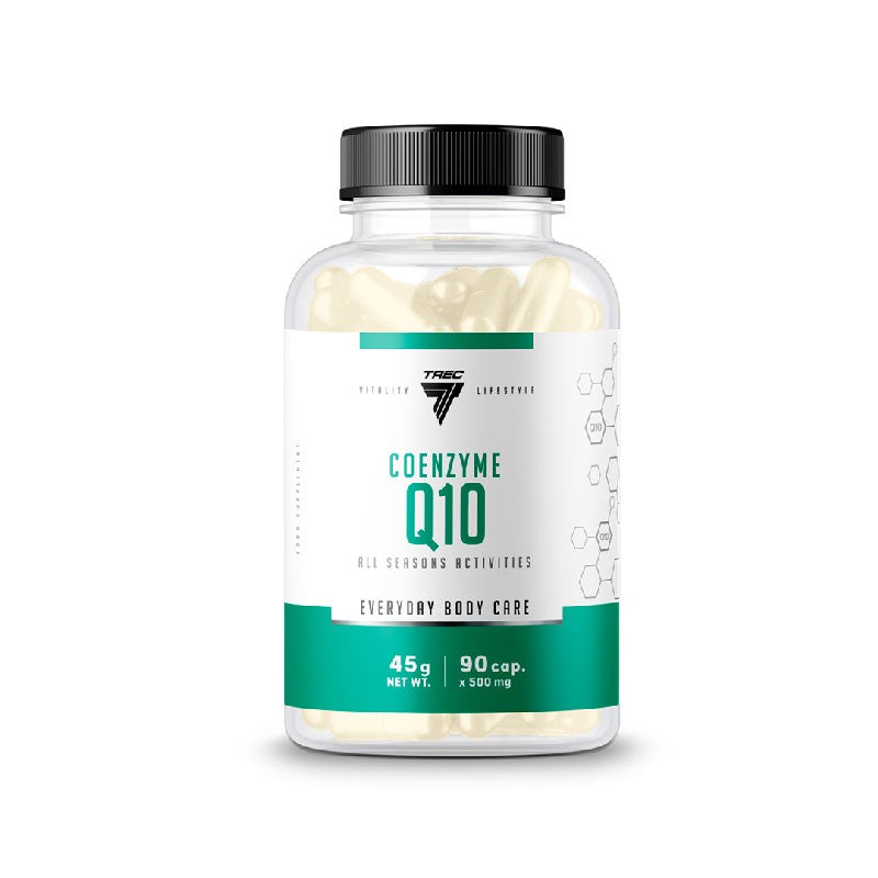 Coenzima Q10 supplement bottle with 90 capsules, promoting heart health and energy production by Trec Nutrition.