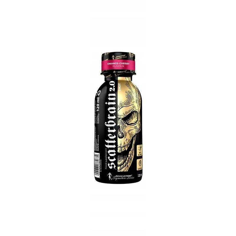 Scatterbrain Shot energy drink bottle in black with skull design, orange-cherry flavor, 120ml for quick energy boost.