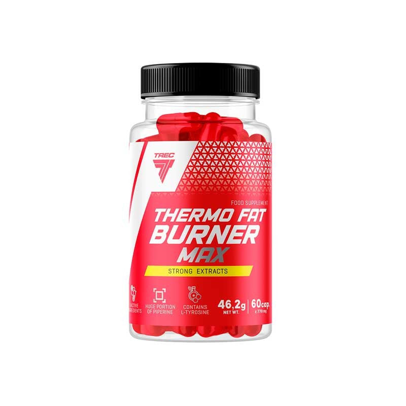 Trec Nutrition Thermo Fat Burner Max supplement bottle, featuring red capsules for effective fat burning and energy boost.