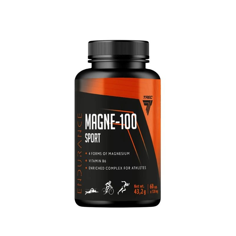 Magne-100 Sport magnesium supplement bottle for athletes with 60 capsules, ideal for muscle function and recovery.