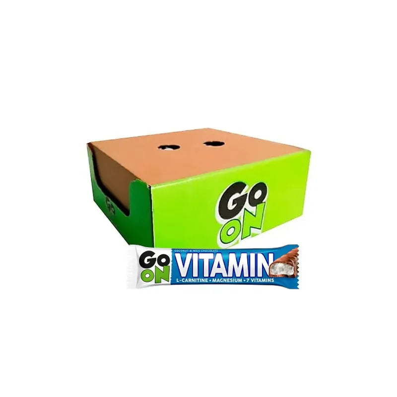 Go On Vitamin bar with packaging, highlighting L-Carnitine, Magnesium, and seven vitamins in a colorful box.