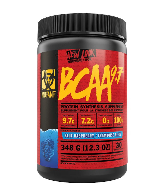 Mutant BCAA 9.7 supplement in blue raspberry flavor, 348g container, promoting muscle growth and recovery.