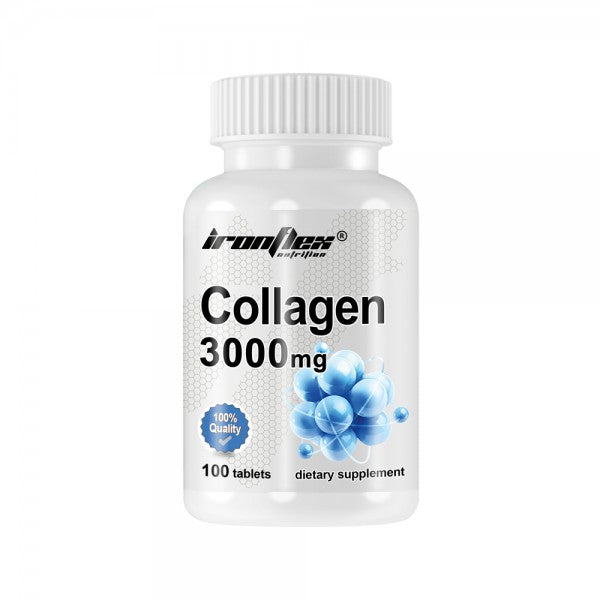 IronFlex Collagen supplement bottle with 100 tablets, promoting joint and skin health.