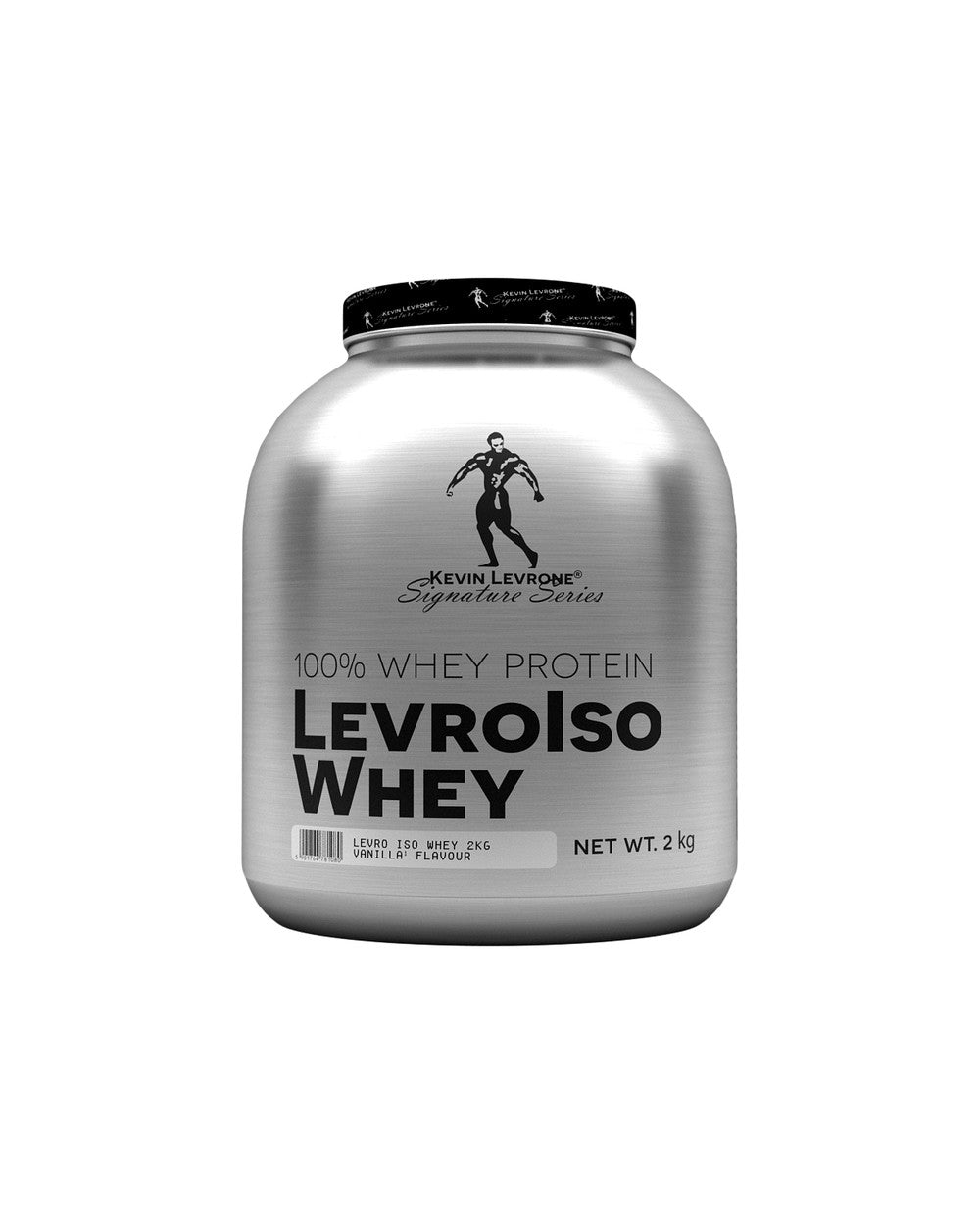 LevroIso Whey protein container, 2 kg, 100% whey protein by Kevin Levrone, silver packaging, high protein content.