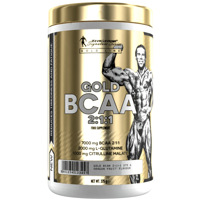 GOLD BCAA 2:1:1 supplement container showcasing 375g of dragon fruit flavor for muscle recovery and growth.