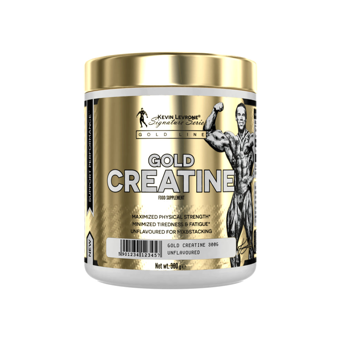 Gold Creatine 300g jar, high-quality creatine supplement for enhanced strength and performance, unflavoured, by Kevin Levrone.