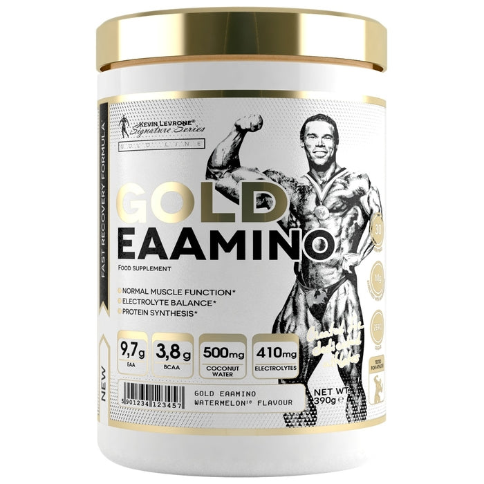 Gold EAAmino supplement container, 390g, for muscle recovery and growth, featuring watermelon flavor.