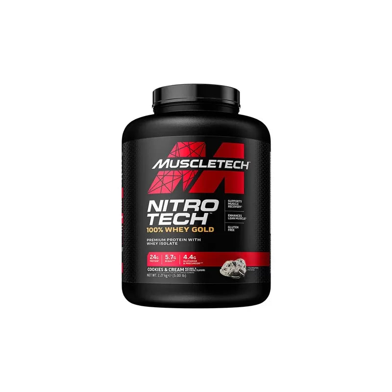 Nitro Tech 100% Whey Gold protein powder 2270g container with chocolate cookie flavor.