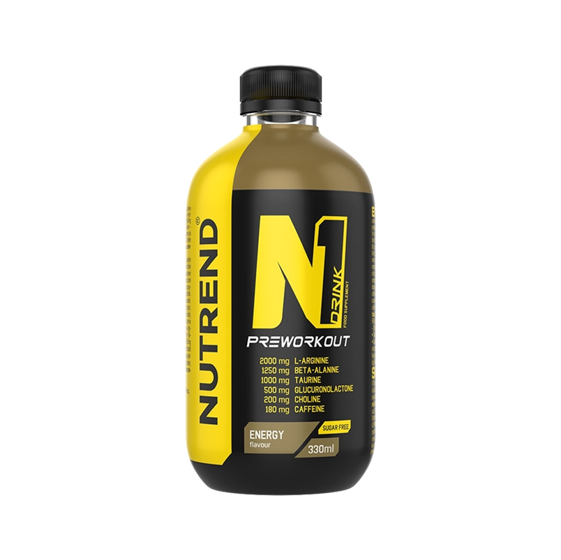Nutrend N1 Pre-Workout drink in a 330ml bottle, featuring energizing ingredients for enhanced performance.