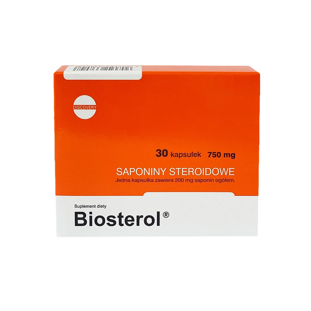 Biosterol 750mg cholesterol supplement packaging with 30 capsules, promoting plant sterols for heart health.