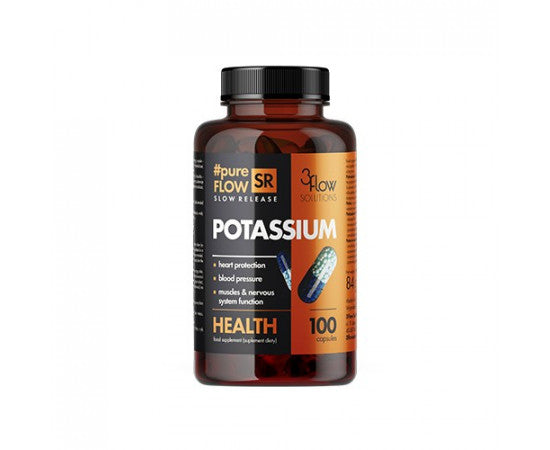Slow Release Potassium supplement bottle with 100 capsules for heart health and muscle function.