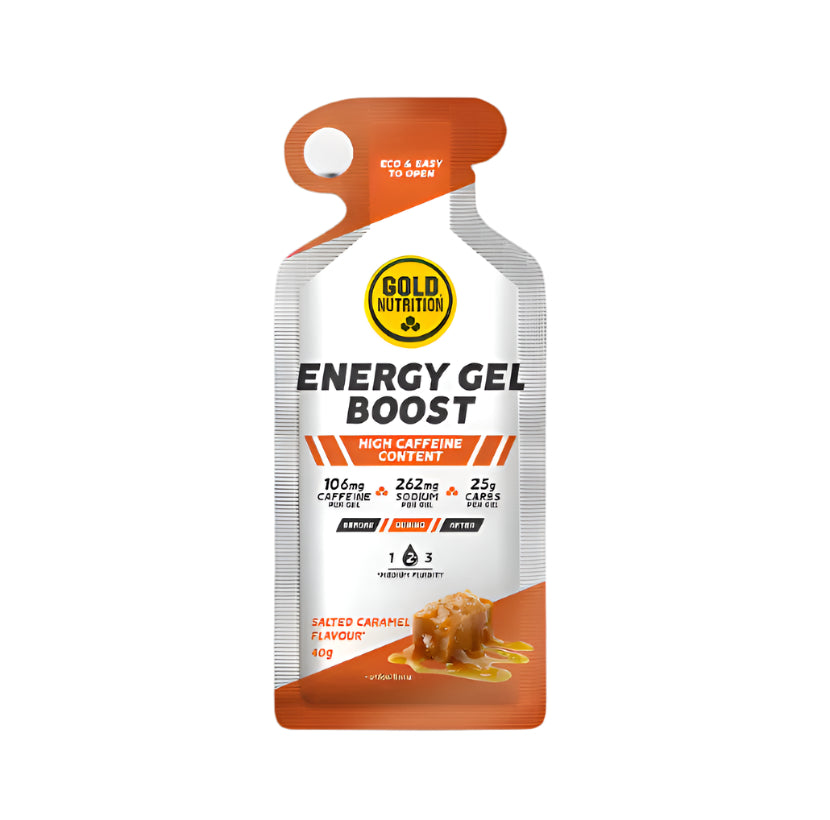 Gold Nutrition energy gel boost with salted caramel flavor for intense workouts, packed with caffeine and carbohydrates.