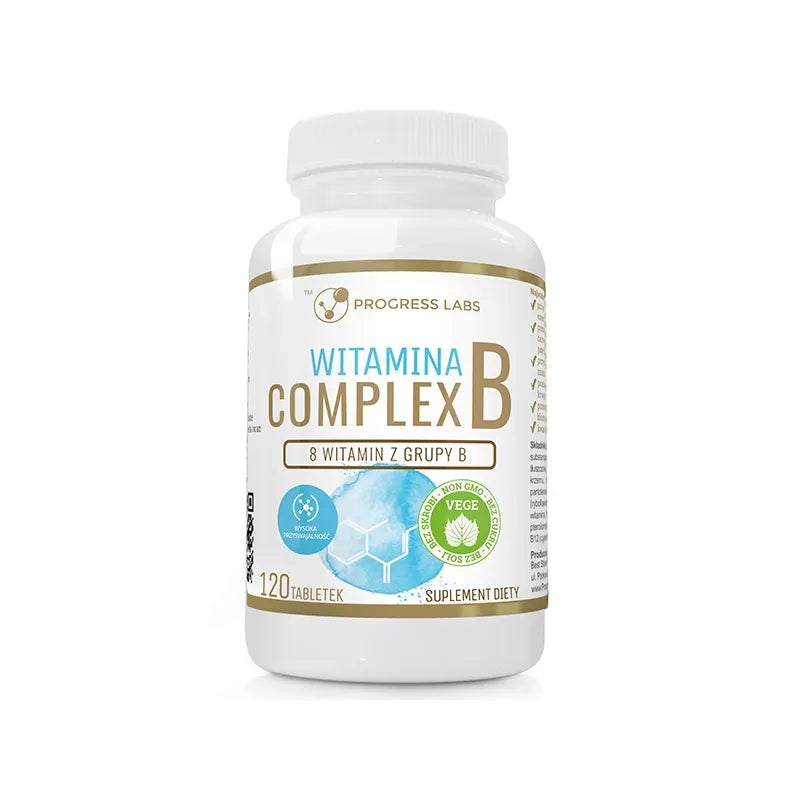 B Complex vitamin supplement bottle with 120 tablets for energy and metabolism support.