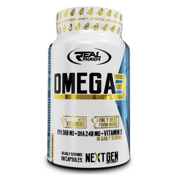 Real Pharm Omega 3 supplement bottle with 60 capsules, rich in EPA and DHA for cardiovascular health.