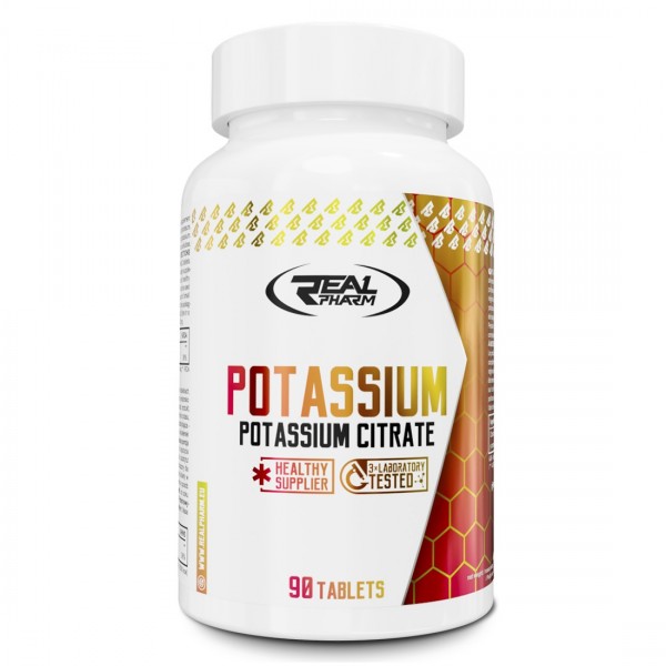 Real Pharm Potassium supplement bottle with 90 tablets for muscle support and fluid balance.