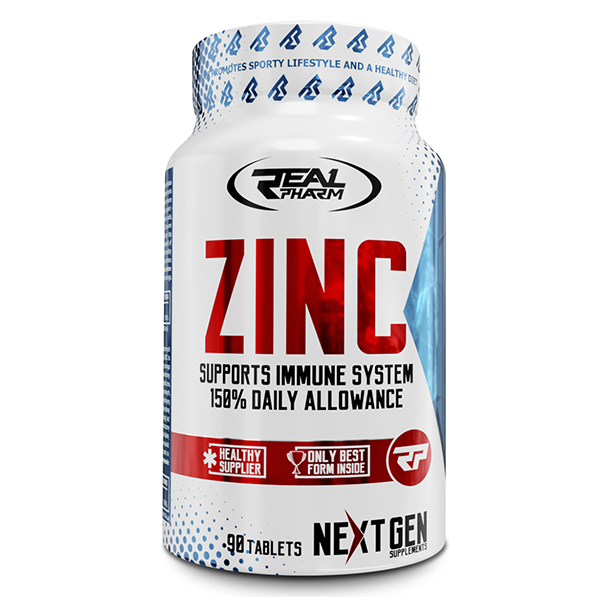 Real Pharm Zinc supplement bottle, 90 tablets, supports immune system with 150% daily allowance.