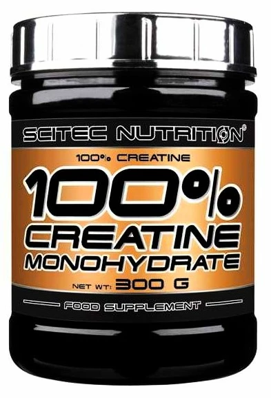 Scitec Nutrition 100% Creatine Monohydrate 300g supplement jar for muscle enhancement.
