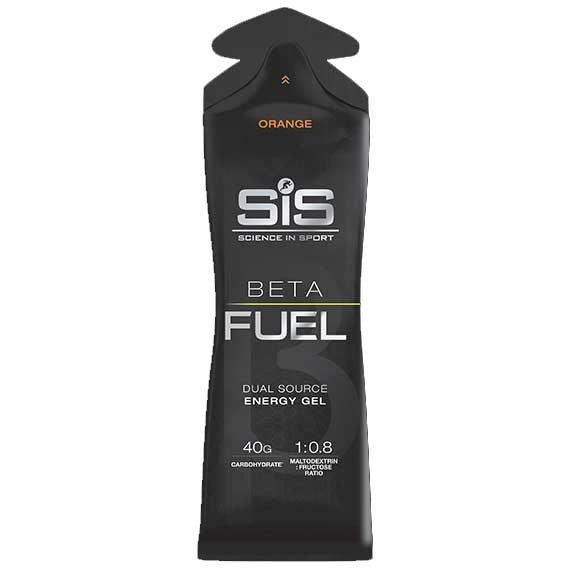 SIS Beta Fuel energy gel pack in orange flavor, designed for rapid and sustainable energy release during exercise.