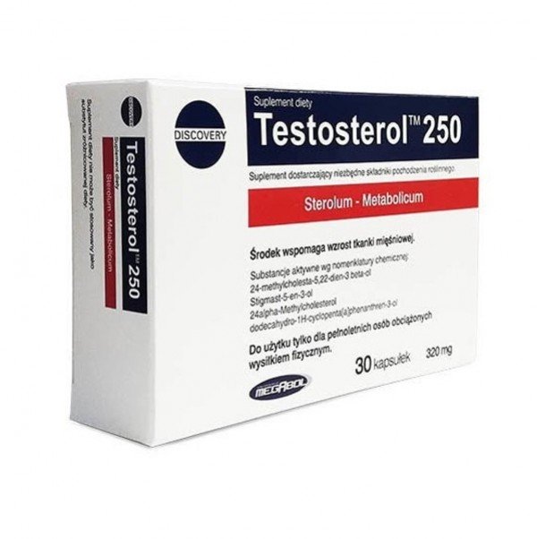 Testosterol 250 testosterone booster supplement box with 30 capsules, designed for muscle growth and improved performance.
