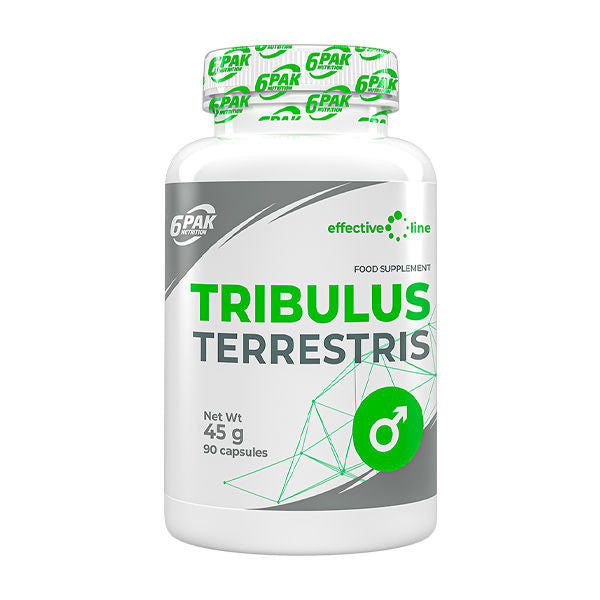 6PAK Nutrition Tribulus Terrestris supplement bottle with 90 capsules for testosterone support and athletic performance.